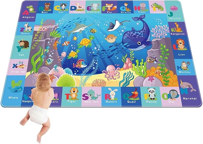 Kids Play Area Rug, Animal Print Baby Floor Mat, Educational ABC Rug - Soft, Non-Toxic, Blue, 47.2"X31.5"