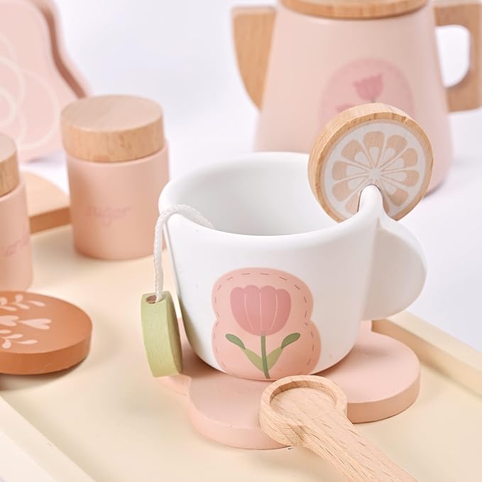 Wooden Tea Set for Little Girls, Wooden Toys, Toddler Tea Set Toy, Play Kitchen Accessories Set, Montessori Toys, Kids Play Kitchen Pretend Playset Toys for Baby Tea Party with Play Food