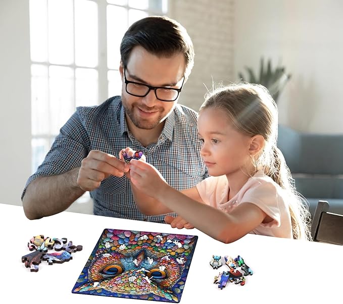 Wooden Jigsaw Puzzle for Adults and Kids Unique Shape Wood Colorful Beautiful Box Fun Challenge Brain Health Family Game Creative Gift for Friends Rompecabezas Madera(Stone Owl 200pcs)