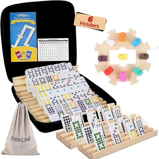 Mexican Train Dominoes Set with 6 Wooden Racks, Double 12 Colored Dot Dominoes with Update Hub, Travel Train Game with 91 Tiles and Portable Carry Case, Family Board Team Games