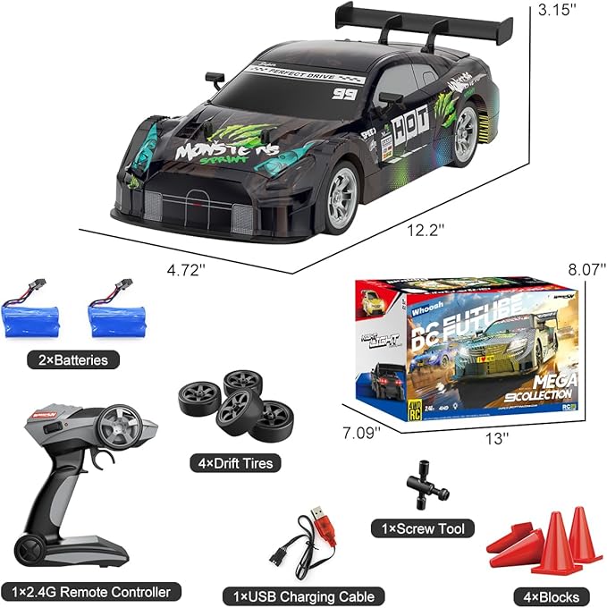 Dollox RC Drift Car 1/16 Scale Remote Control Car 2.4GHz 4WD 30+KM/H High Speed Vehicle with LED Lights, Extra Drifting Tires Racing Black Vehicle Toys Birthday Gifts (191AB) (Black&Green)