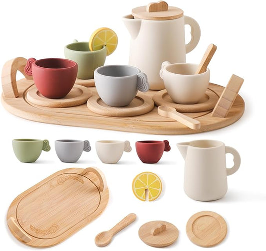Wooden Tea Party Set for Little Girls 14pcs Toddler Tea Set with Silicone Teapot Cups Carrying Tray Scoop Kids Kitchen Accessories Pretend Play Wooden Toys for 3 4 5 6 Year Old Girl Birthday Gift