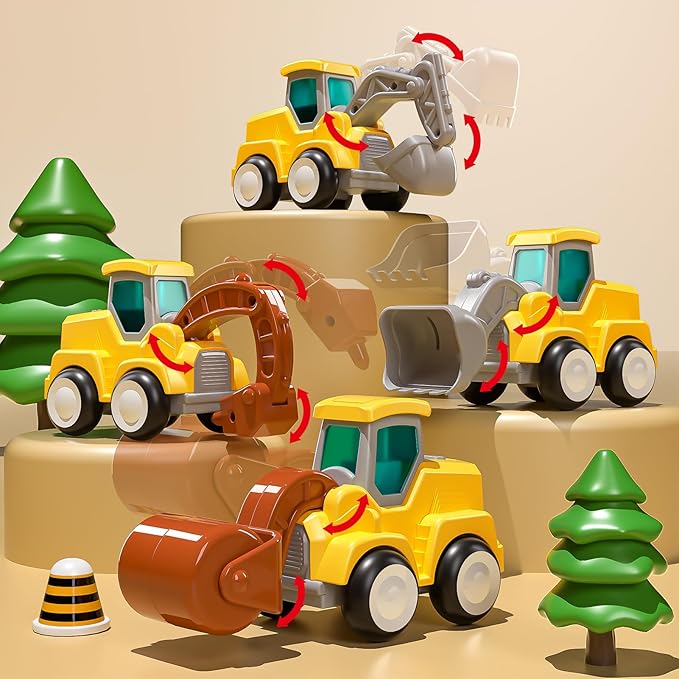 Construction Vehicle Trucks Toys for Toddlers 3-5, 4 PCS Car Trucks for Toddlers Boys Girls with Flexible Joints, Kids Toddlers Toys for 3 4 5 6 Years Old Boys Girls Birthday Gifts