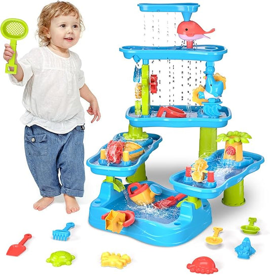 Water Table for Toddler, Rain Shower Splash Pond Toddler Water Table, Kids Water and Sand Activity Sensory Play Table, Summer Outdoor Toys for Toddlers 3-5 4-8 Years Old Boys Girls