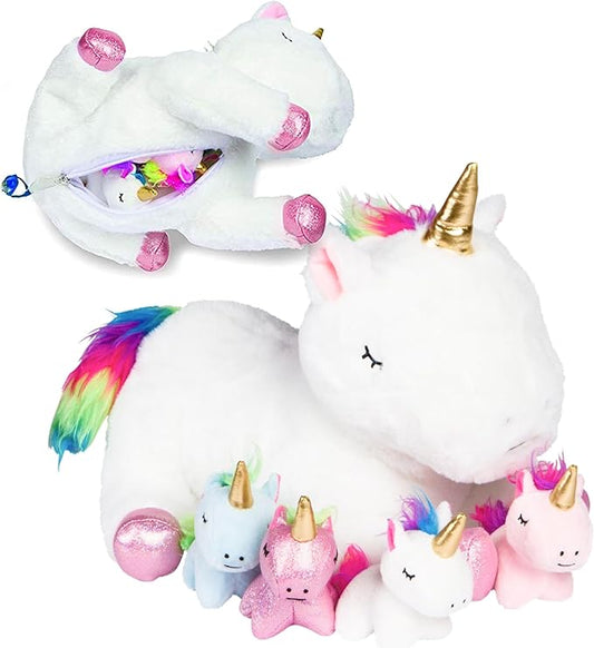 PixieCrush Unicorn Stuffed Animals for Girls, Set of 5 - Mommy with Babies - Magical Giant Stuffed Animal - Enchanting Unicorn with Babies Set - Plush Animals for Kids