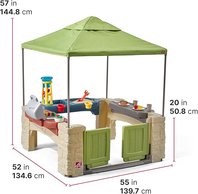 Step2 All Around Playtime Patio with Canopy, Kids Indoor/Outdoor Kitchen Playset & Sensory Playhouse, Made of Durable Plastic, Includes 16 Piece Toy Accessories, For Toddlers 2+ Years Old, Green