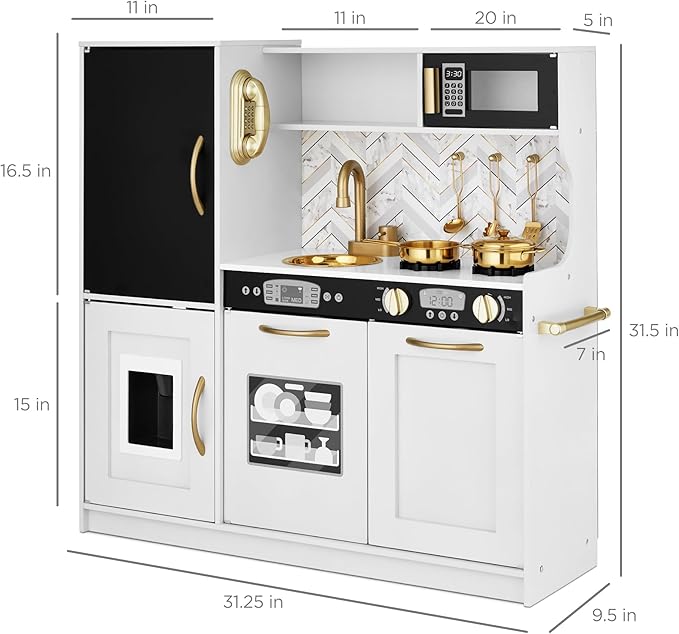 Best Choice Products Pretend Play Kitchen Wooden Toy Set for Kids w/Realistic Design, Telephone, Utensils, Oven, Microwave, Sink - White Bevel