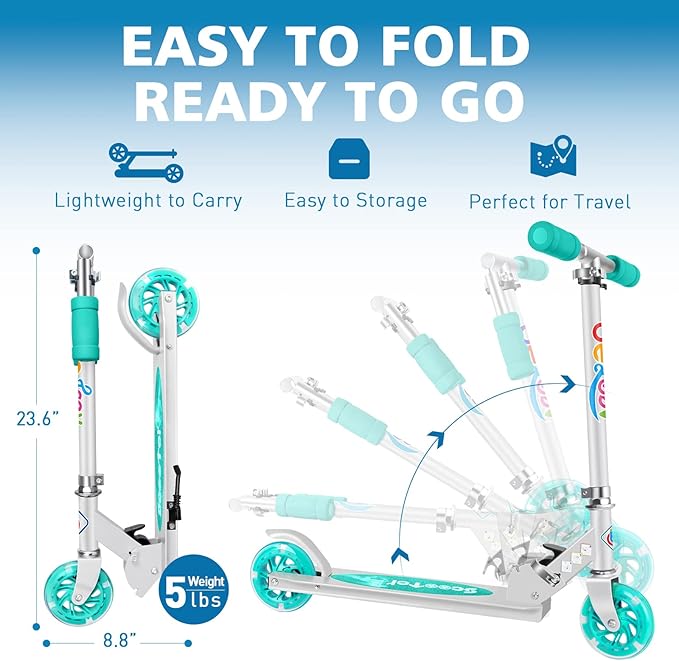 BELEEV V1 Scooters for Kids, 2 Wheel Folding Kick Scooter for Girls Boys, 3 Adjustable Height, Light Up Wheels, Lightweight Scooter with Sturdy Frame, Kickstand for Children 3 to 12 Years Old