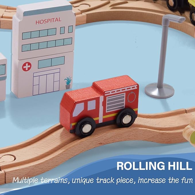 Giant bean 117 Pcs Busy Port City Train Set for Kids- Expandable & Changeable Wooden Train Track Set Toy, for Boys & Girls Ages 3-14