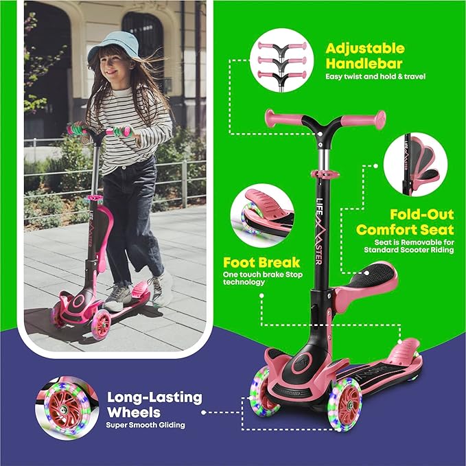 Kids Scooter – Foldable Seat – LED Wheel Lights Illuminate When Rolling – Children and Toddler 3 Wheel Kick Scooter – Adjustable Handlebar – Indoor and Outdoor- by Lifemaster