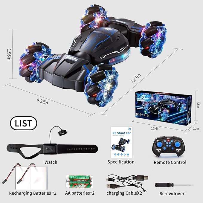 Remote Control Car, 2.4GHz 4WD Gesture Sensing RC Stunt Car, Drift Hand Controlled Twist Cars with Light & Music, Cool Birthday Gifts for Kids Boys Toy Age 6 7 8 9 10 11 12 Years Old(Blue)