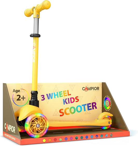 Yellow Mini 3 Wheel Scooter for Kids – Lean-to-Steer with LED Light-Up Wheels, Adjustable Handlebar, Wide Anti-Slip Deck, Smooth PU Wheels, Rear Foot Brake – Toddler Scooter for Ages 2+