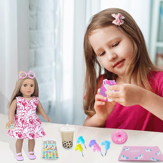 Doll Clothes and Accessories School Supplies Playset for 18 Inch Girl Doll with Doll Clothes,School Bags, Student Cards, Glasses, Pencils, calculators, Scissors, notebooks, etc