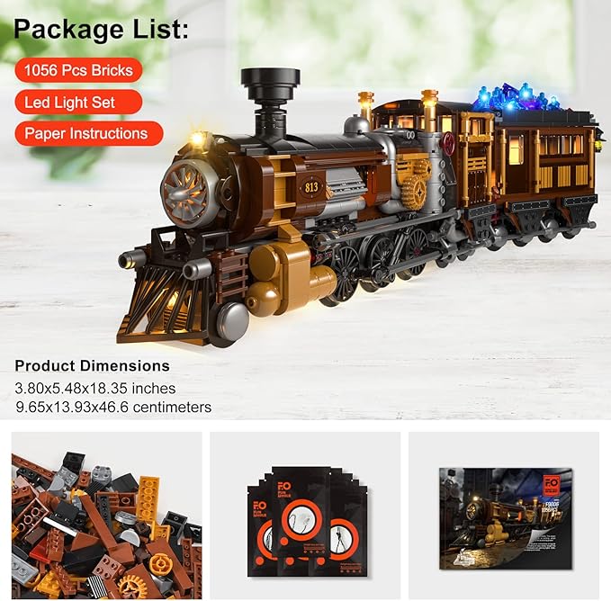 FUNWHOLE Train Lighting Building Bricks Set - Steampunk Ore Train LED Light Building Set 1056 Pieces for Adults and Teens