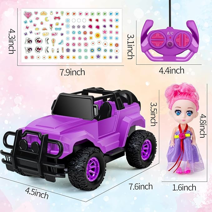 Remote Control Car, Purple Rc Truck with DIY Stickers and Doll for Girls Toddlers, 1:20 Scale RC Truck All Terrain Trucks, Rc Car Toys Gift for Kids Age 3 4 5 6-12 Birthday Gift
