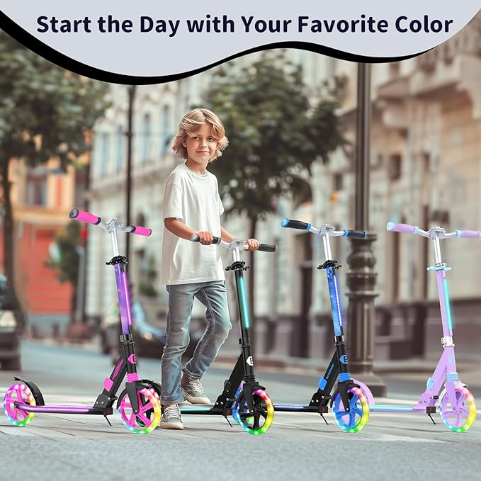 BELEEV V8 Scooters for Kids Ages 6+ with Light-Up Deck, 2 Wheel Folding Scooter for Adults Teens, 4 Adjustable Height, Lightweight Sport Commuter Scooter, Sturdy Frame, Max Load 220 lbs
