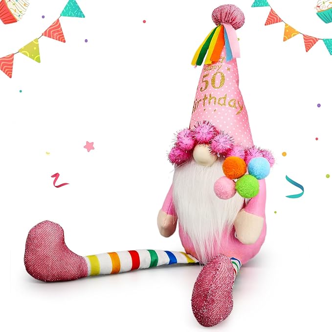 Funny 50Th Birthday Gifts for Women, Her, Mom, Girls, Women Friendship, Sister, Wife, Mother, Grandma, Coworker, Boss - Pink Happy Birthday Plush Gnomes Couple Doll Decorations for Party, Tabl Decor