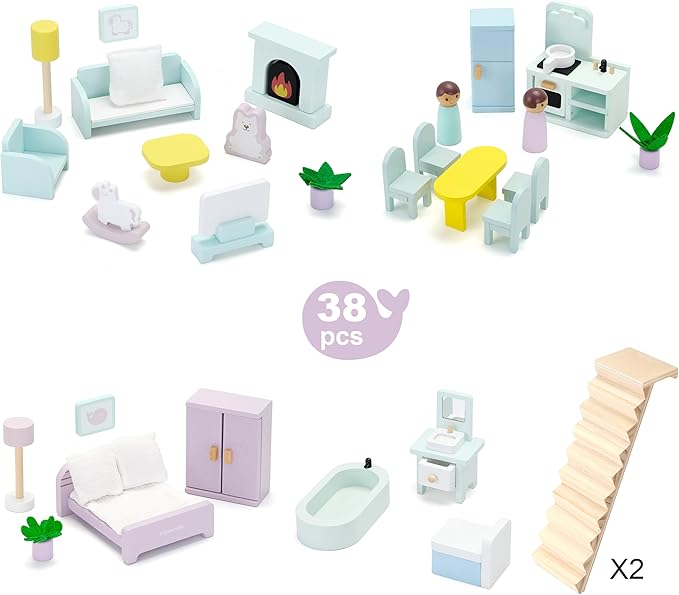 Wooden Dollhouse, Doll House with 38Pcs Furniture Accessories,3 Story Large Doll House, 6 Rooms Pretend Dollhouse, Gift for Girl Ages 3+