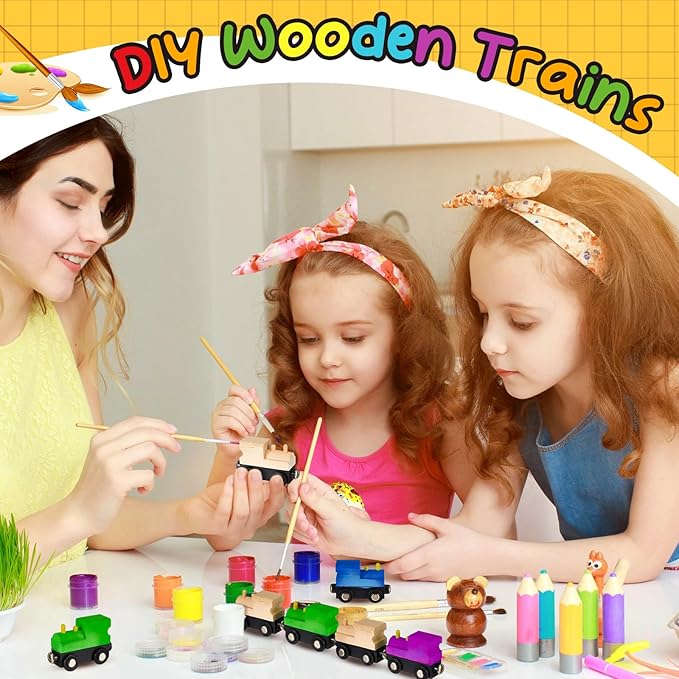 30 Pcs Unfinished DIY Wooden Trains Unpainted Train Cars Toys for Railway Paint Project, Birthday Party Theme Decorations Crafts Supplies(Classic)