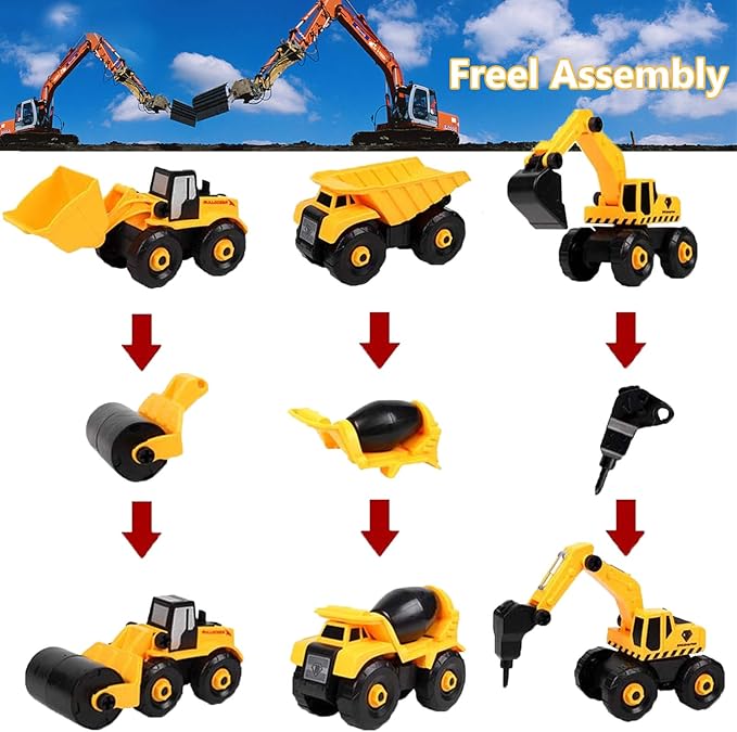 TEUVO Construction Take Apart Toys with Electric Drill, Building Excavator Toy STEM Trucks Vehicle Construction Vehicles for Kids, Educational Learning Gifts for Ages 3+ Boys & Girls
