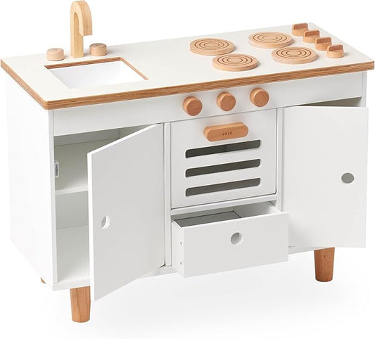 Lalo The Play Kitchen - Tool-Free Assembly, Toddler Kitchen Playset with Interactive Knobs & Doors, Safe for Kids 3+, Promotes Open-Ended Play, Wooden Play Kitchen, Made from Birch Wood - Coconut