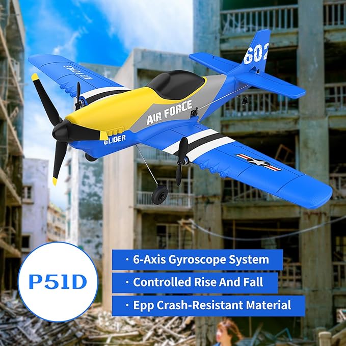 Rc Plane 3-Channel 2.4GHZ Rc Airplane, P51 Mustang Fighter with 2 Batteries, 6 Gyroscopes Stabilization System Easy to Fly Suitable for Beginners, Kids, Adults, Blue