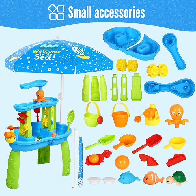 Hugut 2025 Upgraded 3-Tier Sand Water Table with Umbrella – Outdoor Backyard Sensory Activity Table for Kids, Perfect for Boys and Girls Summer Fun