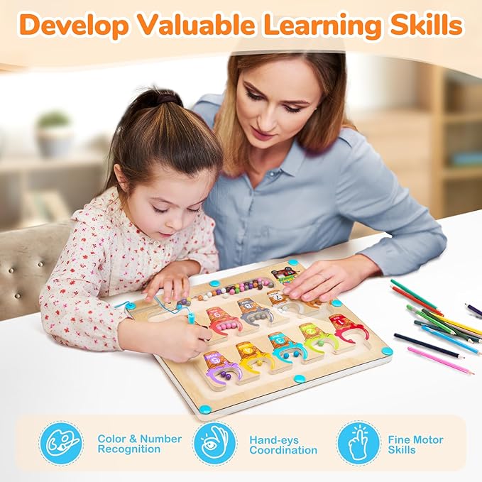 GAMENOTE Magnetic Color & Number Maze - Educational Wooden Color Matching Learning Counting Puzzle Board - Toddler Fine Motor Skills Toys for Boys and Girls 3, 4, 5 Years Old