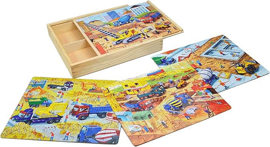 Wooden Puzzles for Kids Ages 4-8, Construction Sites Vehicles 4-in-1 Jigsaw Puzzles in a Wood Storage Box, 24 48 60 88 Pieces Construction Vehicles Puzzles Toys for Toddlers Kids Ages 3 4 5 6