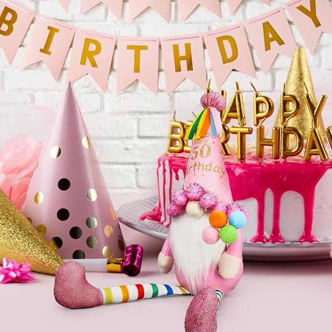 Funny 50Th Birthday Gifts for Women, Her, Mom, Girls, Women Friendship, Sister, Wife, Mother, Grandma, Coworker, Boss - Pink Happy Birthday Plush Gnomes Couple Doll Decorations for Party, Tabl Decor