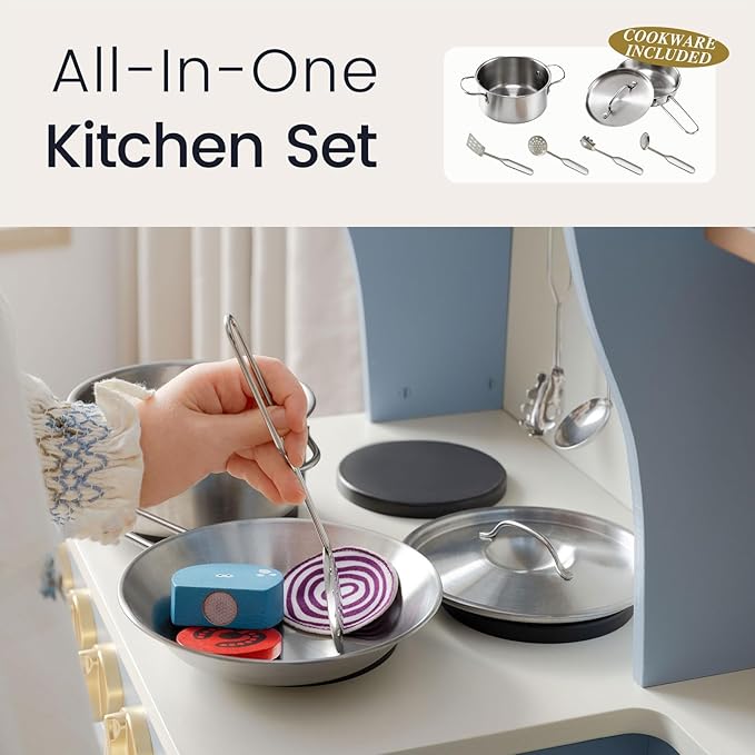 Tiny Land Wooden Play Kitchen Set - Toy Storage System, Plenty of Play Features, Ages 3+ (Blue)