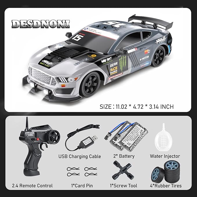 Remote Control Car RC Drift Car 1:16 Scale 4WD 18KM/H High Speed Model Vehicle 2.4GHz with LED Lights Spray Rubber Tire Racing Sport Toy for Adults Boys Girls Kids Gift 2Pcs Rechargeable Batteries