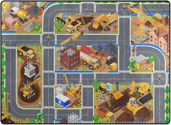 Kids Rug, Construction Site Playmat Rugs - 5x7 Ft Kids Carpet with Rubber Backing, Construction Vehicles Play Mat Nursery Rugs for Children Bedroom Playroom