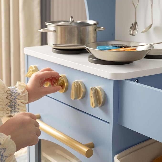 Tiny Land Wooden Play Kitchen Set - Toy Storage System, Plenty of Play Features, Ages 3+ (Blue)