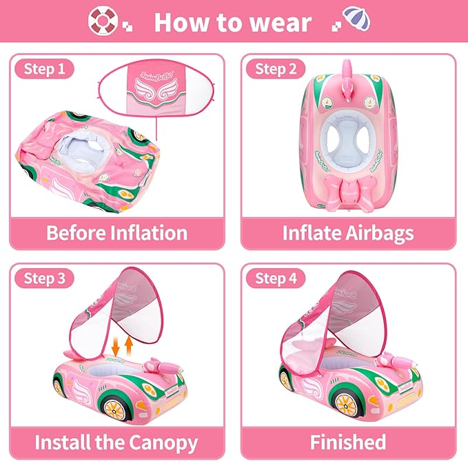 Swimbobo Toddler Pool Float Pink Inflatable Airplane Car Baby Swim Float with Water Gun and Safety Seat Pool Toys for Kids 3+ Years Old