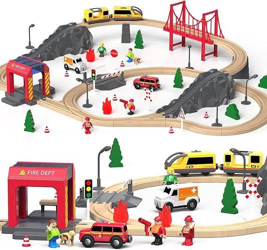Giant bean 72PCS Fire Station Wooden Train Track Electric Train Set, Gift Packed Toy Railway Kits for Kids, Toddler Boys and Girls 3,4,5 Years Old and Up, Christmas Birthday Gift Toy for Kids