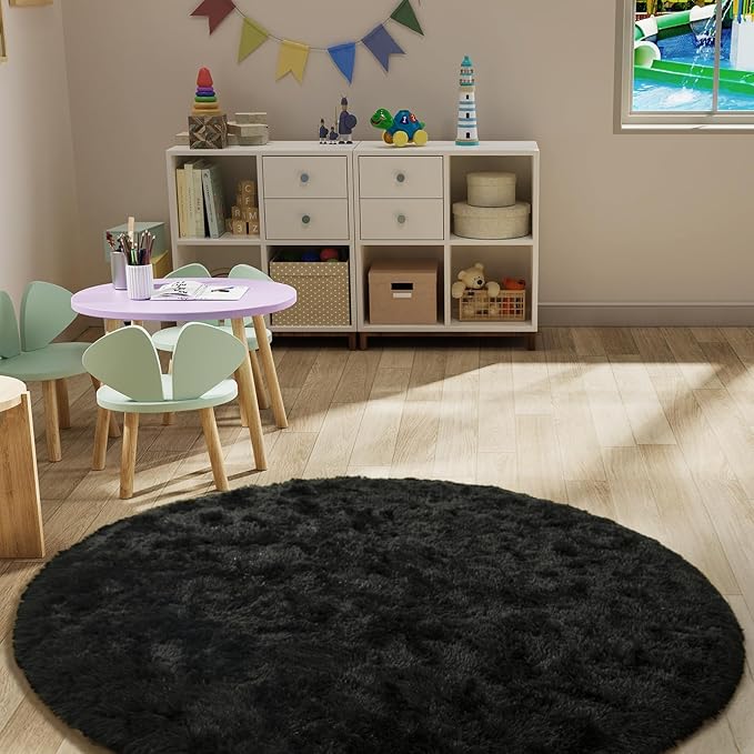 LOCHAS Luxury Round Fluffy Area Rugs for Bedroom Kids Girls Room Nursery, Super Soft Circle Rug, Cute Shaggy Carpet for Children Living Room, 5x5 Feet Black