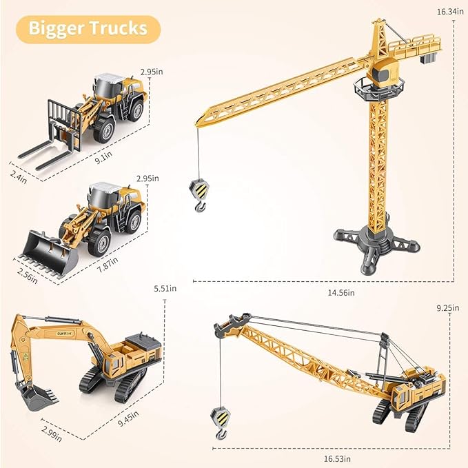 Geyiie Construction Truck Vehicles Toy with Metal Shovel Sand Toys, Large Construction Toys Crane, Interchangeable Excavator Snow Plow Forklift Tractor Toys Gifts