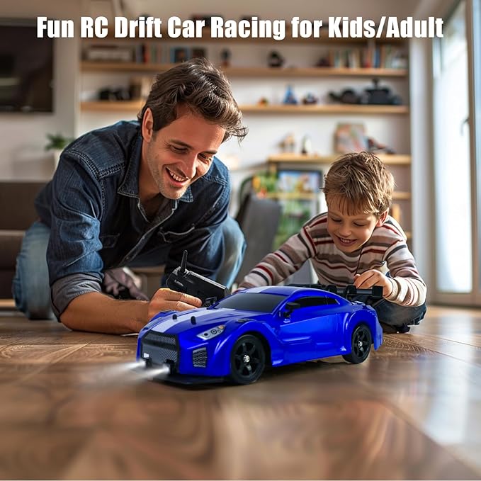 YUZ Remote Control Car RC Drift Car 1/16 Scale 4WD 18KM/H High Speed RC Car 2.4GHz with LED Lights Spray Racing Toy Car for Adults Boys Girls Kids Birthday 2Pcs Rechargeable Batteries, Blue