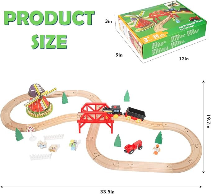 Wdmiya Wooden Train Set for Toddlers, 38 Pcs Wooden Train Track for Kids, Train Toy with Bridge and Tracks (Fits Thomas & Brio), Christmas Birthday Trains Gift for 2 3 4 5 6 7 8 Years Old (Pinwheel)