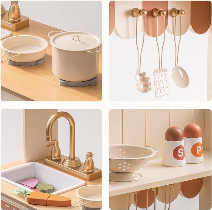 ROBOTIME Play Kitchen for Kids Toddlers, Wooden Pretend Play Kitchen Set Toy with Cutting Food Set, Toys Kitchen Gift for 3+ Year Old Kids, Girls & Boys