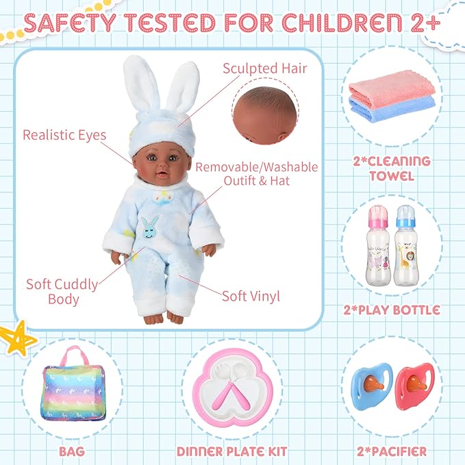 10 Pcs Realistic Twin Baby Dolls Toy Set Include 2 Pcs 12 Inch Baby Dolls, Feeding Set, Pacifiers, Doll Diapers, Bags, Milk Bottles Removable Outfit for Toddler Kids 6+ Gift(Black)