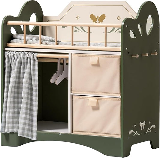 ROBOTIME Baby Doll Crib, Wooden Doll Bed, Toy Baby Crib with Storage, Bedding, and Wooden Hooks, Doll Crib Fits Dolls up to 22’’, Doll Furniture for American Girls Ages 3+ (Green)