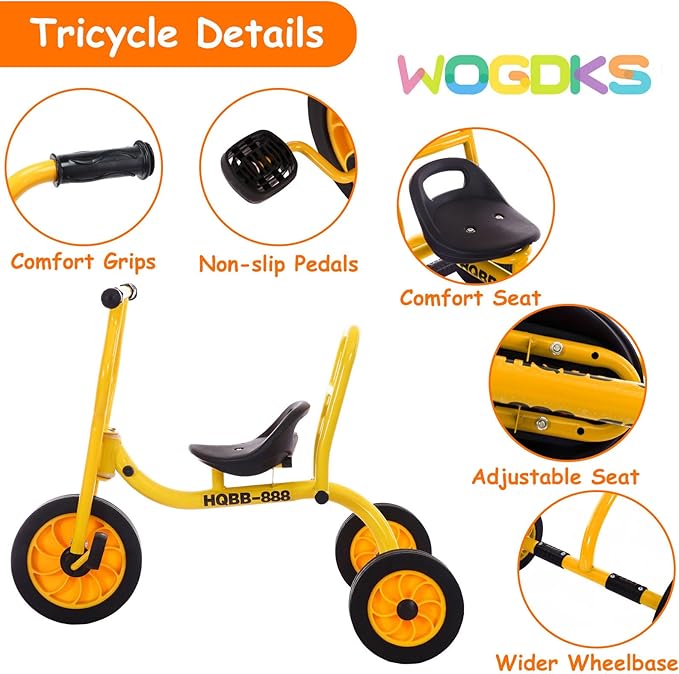 Big Wheel Tricycle for Kids Ages 2-6, Preschool Kids Trike Outdoor Playground Pedal Bike with Adjustable Seat, Inflation-Free Rubber Wheels and Carbon Steel Frame