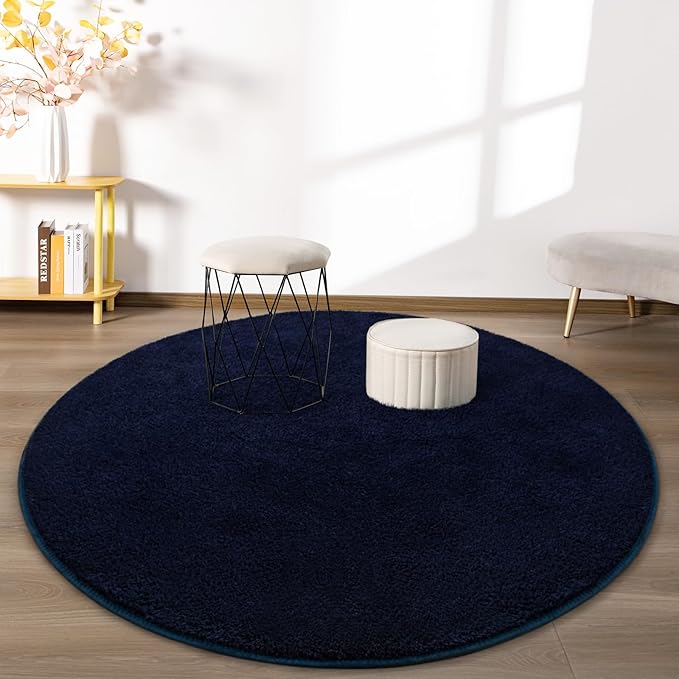 FlyDOIT Round Area Rugs for Bedroom Living Room, 4x4 Navy Blue Super Soft Comfy Thickened Memory-Foam Indoor Circle Carpets, Modern Aesthetic Minimalist Carpet for Boys Girls Adults Nursery Home Décor