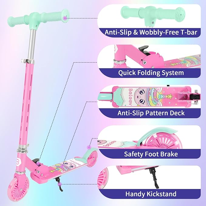 BELEEV V3 Scooter for Kids with Light-Up Wheels & Stem & Deck, 2 Wheel Folding Scooter for Girls Boys, 4 Adjustable Height, Lightweight Kick Scooter with Handy Kickstand for Children Ages 3-12