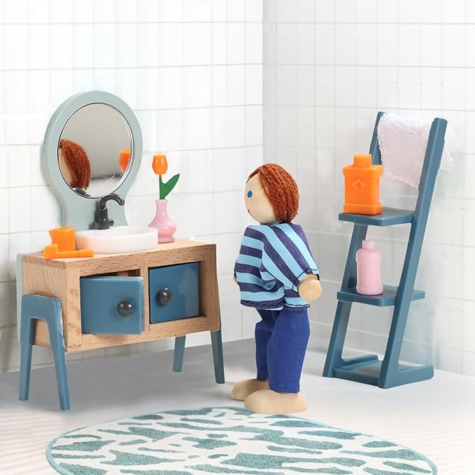 Giant bean 24 PCS Wooden Plastic Dollhouse Furniture Set, Bathroom and Bedroom Set, Wood Dollhouse Accessories Pretend Play Furniture Toys for Boys Girls & Toddlers