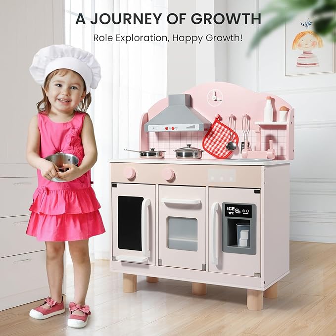 BlueWood Wooden Kids Kitchen Playset for Toddlers Ages 3-8, with Induction Hob, Oven, Ice Maker, Hood, and Tap - Châtelet Creamy Pink