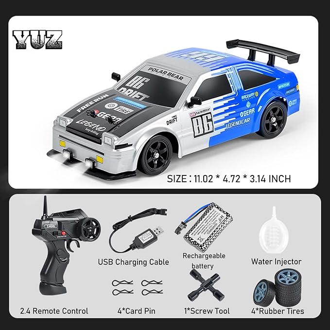 YUZ Remote Control Drift RC Car 1:16 Scale 2.4GHz Rechargeable Battery 18KM/H High Speed Racing With LED Lights Spray Drifting Tires Toy for Adults Boys Kids Gift