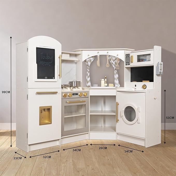 Large Wooden Corner Play Kitchen Sets with Ice Maker,Water Dispenser,Bread Maker,Washing Machine,Electronic Display,Toy Sink with Running Water,Stove with Light&Sounds, Birthday Gift for 3+Boys Girl